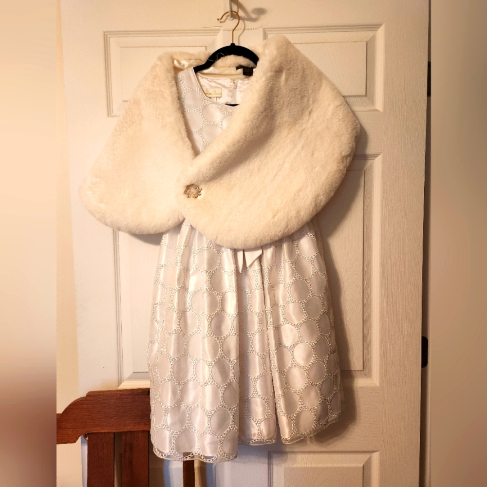 American Princess, White Dress, sz 10 and Christian Lacroix Faux Fur Shawl